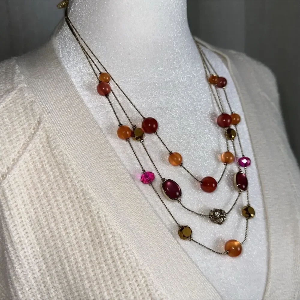 avenue Pink Tangerine Gold Tone Triple Strand Floating Illusion Necklace